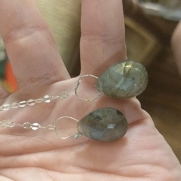 Laboradite pear drop and sequin sterling chain earrings - Picture 5 of 7